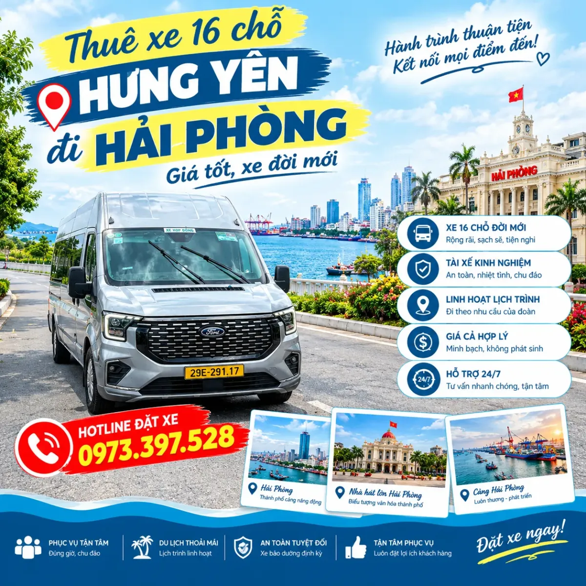 Thuê xe 16 chỗ Hưng Yên đi Hải Phòng - Giá tốt, xe đời mới