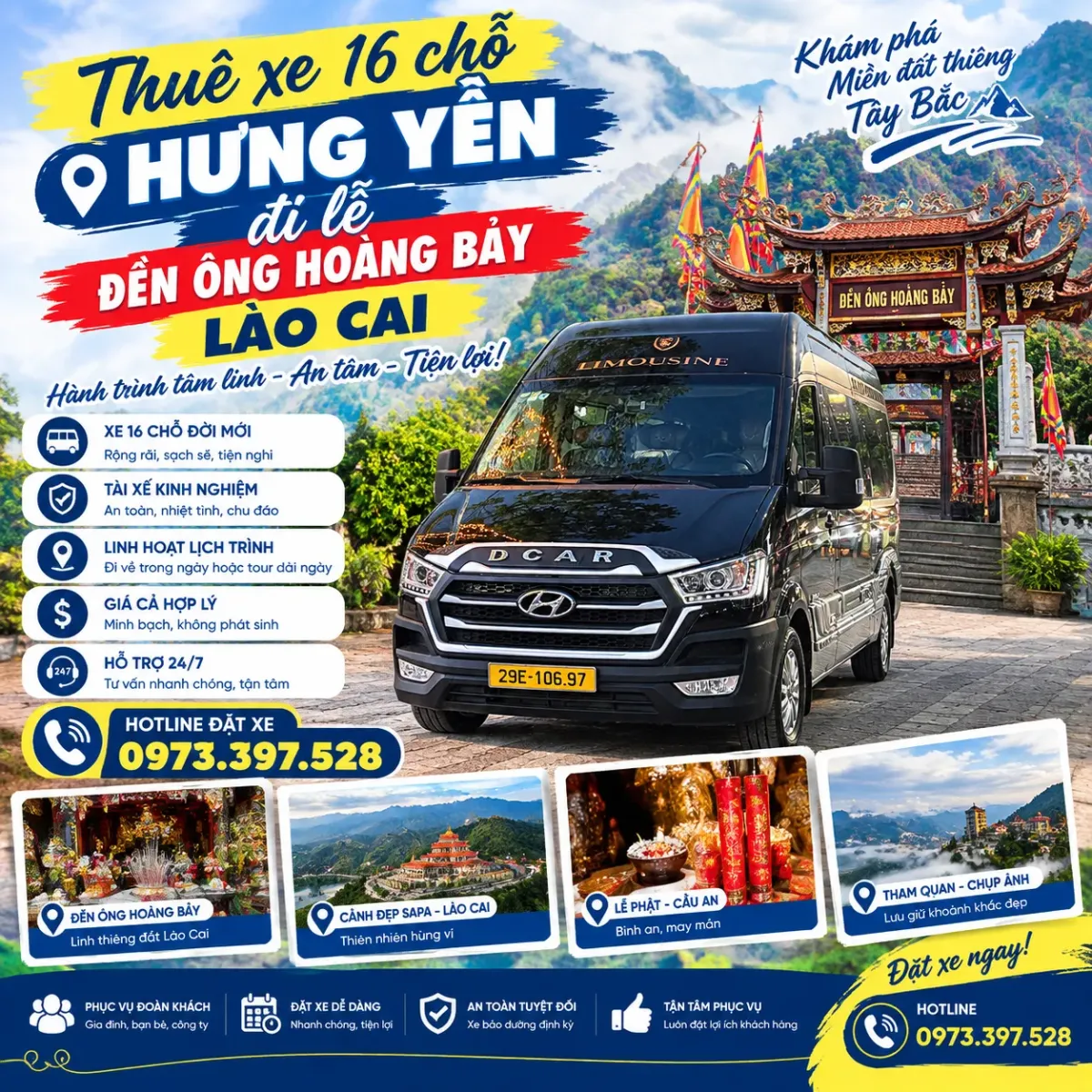 Thuê xe 16 chỗ Hưng Yên đi lễ Đền Ông Hoàng Bảy, Lào Cai