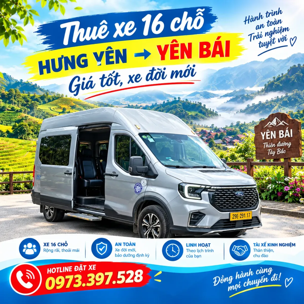 Thuê xe 16 chỗ Hưng Yên đi Yên Bái - Giá tốt, xe đời mới