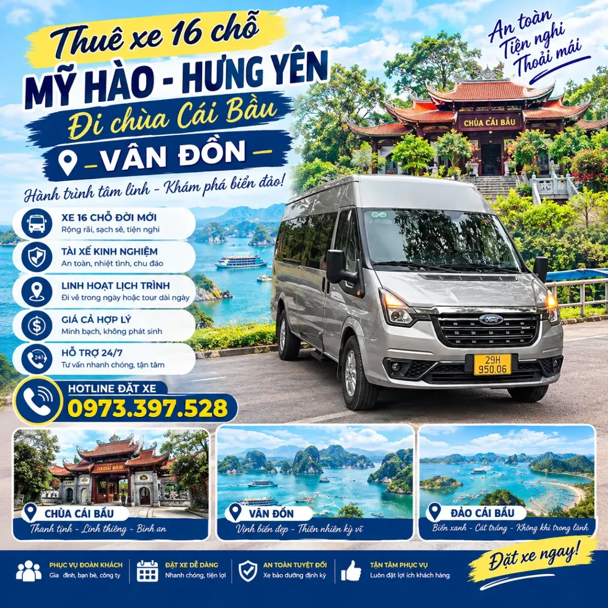 Thuê xe 16 chỗ Mỹ Hào Hưng Yên đi chùa Cái Bầu, Vân Đồn