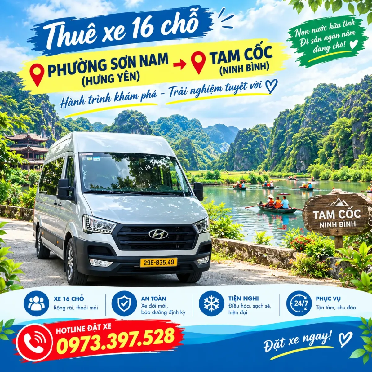 Thuê xe 16 chỗ phường Sơn Nam, Hưng Yên đi Tam Cốc, Ninh Bình